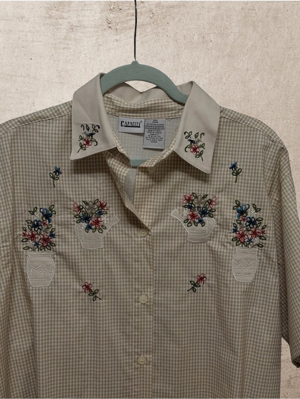 Capacity Vintage Tan Gingham Flower Pot Embroidered Blouse Cotton Large - Picture 3 of 4